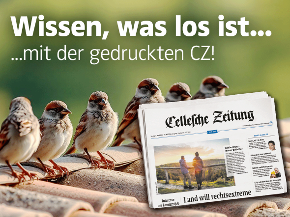 Spatzen auf einem Dach mit dem Hinweis Wissen was los ist... mit der gedruckten CZ - eingefügtes Bild die Papierzeitung