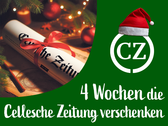 Die gerollte CZ mit Schleife als Geschenk auf dem Gabentisch
Logo der CZ mit Weihnachtsmütze
Text - 4 Wochen die Cellesche Zeitung verschenken