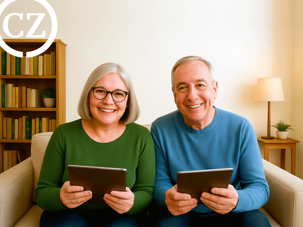 Zwei lächelnde Personen sitzen nebeneinander auf einem Sofa. Beide halten jeweils ein Tablet in den Händen. Im Hintergrund steht ein Regal mit Büchern sowie eine kleine Lampe auf einem Beistelltisch, daneben eine Pflanze. Links oben im Bild ist ein rundes