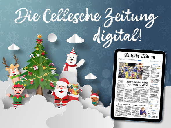 Wintermotiv mit Rentier, Tannenbaum, Weihnachtsmann mit Geschenken, Eisbär, Elf, Lebkuchenmännchen, Tablet mit CZ 