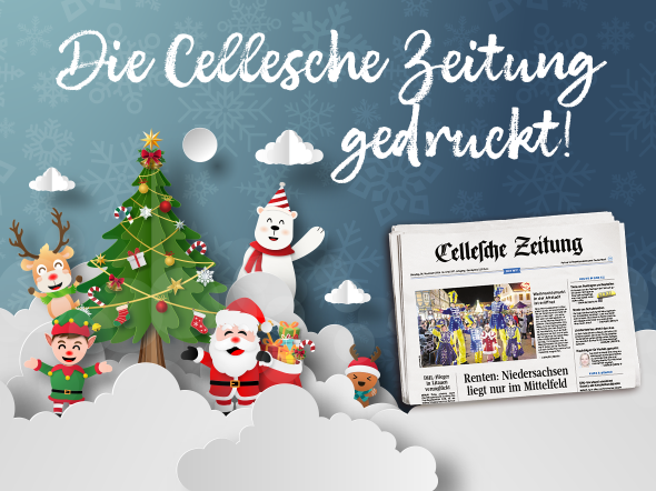 Wintermotiv mit Rentier, Tannenbaum, Weihnachtsmann mit Geschenken, Eisbär, Elf, Lebkuchenmännchen, CZ Printausgabe