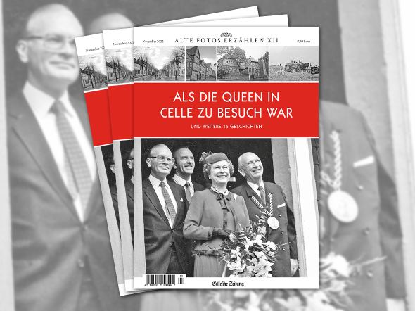 Abbildung Titelbild des Magazins Alte Fotos erzählen Band 12 
Als die Queen in Celle zu Besuch war - 
Das Foto zeigt die Queen mit Würdenträgern der Stadt Celle