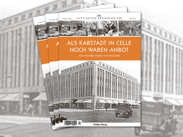 Abbildung Titelbild des Magazins Alte Fotos erzählen Band 13 
Als Karstadt in Celle noch Waren anbot
Das Foto zeigt das alte Karstadt-Gebäude
