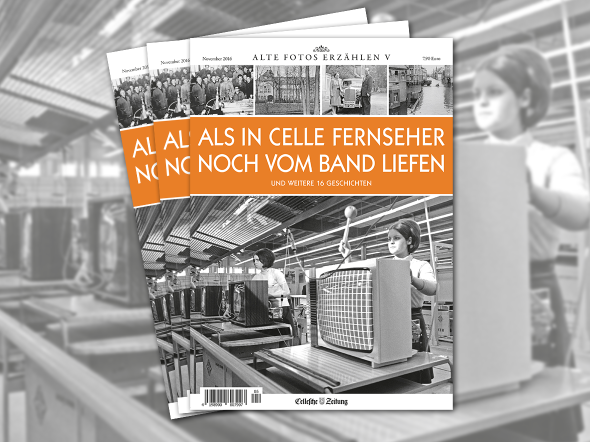Abbildung Titelbild des Magazins Alte Fotos erzählen Band 5
Als in Celle Fernseher noch vom Band liefen
Das Foto zeigt einen Röhren-Fernseher auf dem Produktions-Fließband.
