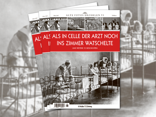 Abbildung Titelbild des Magazins Alte Fotos erzählen Band 6 
Als in Celle der Arzt noch ins Zimmer watschelte
Das Foto zeigt einen Ausschnitt aus einem Krankensaal des Kinderhosptals