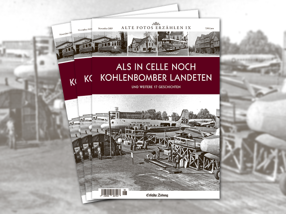 Abbildung Titelbild des Magazins Alte Fotos erzählen Band 9 
Als in Celle noch Kohlenbomber landeten
Das Foto zeigt einen Flugzeug bei der Beladung