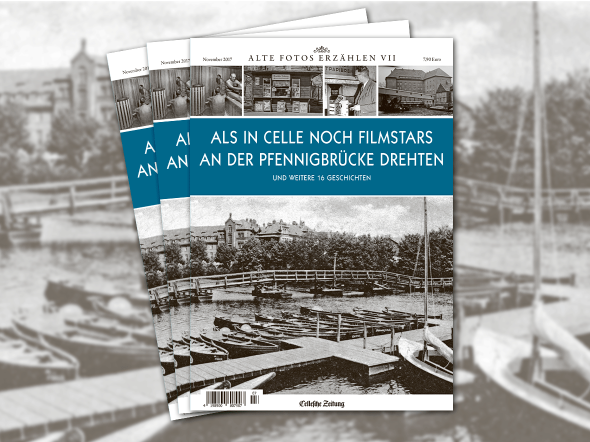 Abbildung Titelbild des Magazins Alte Fotos erzählen Band 3 
Als in Celle Talamini noch Eis verkaufte - 
Das Foto zeigt einen Straßenzug mit Eiswagen und Verkäufer
