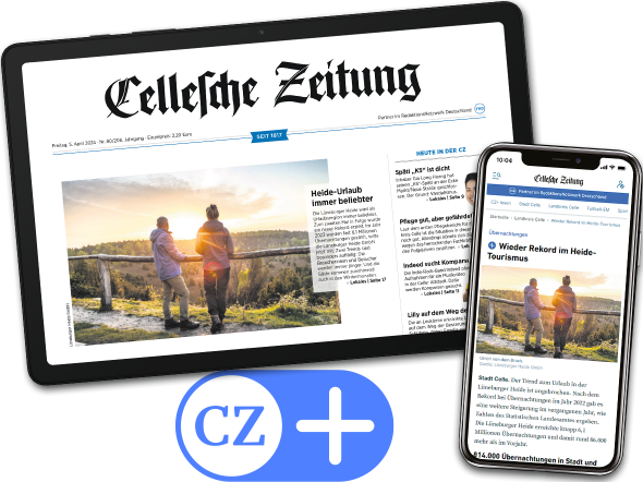 Die Cellesche Zeitung als E-Paper auf einem Tablet und  
auf dem Handy die Website www.cz.de dargestellt