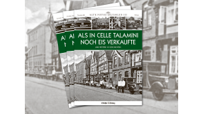 Abbildung Titelbild des Magazins Alte Fotos erzählen Band 3 
Als in Celle Talamini noch Eis verkaufte - 
Das Foto zeigt einen Straßenzug mit Eiswagen und Verkäufer
