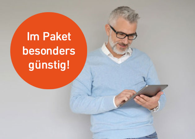 Ein Mann liest auf dem Tablet die Cellesche Zeitung. Ein Angebotshinweis: Im Paket besonders günstig.